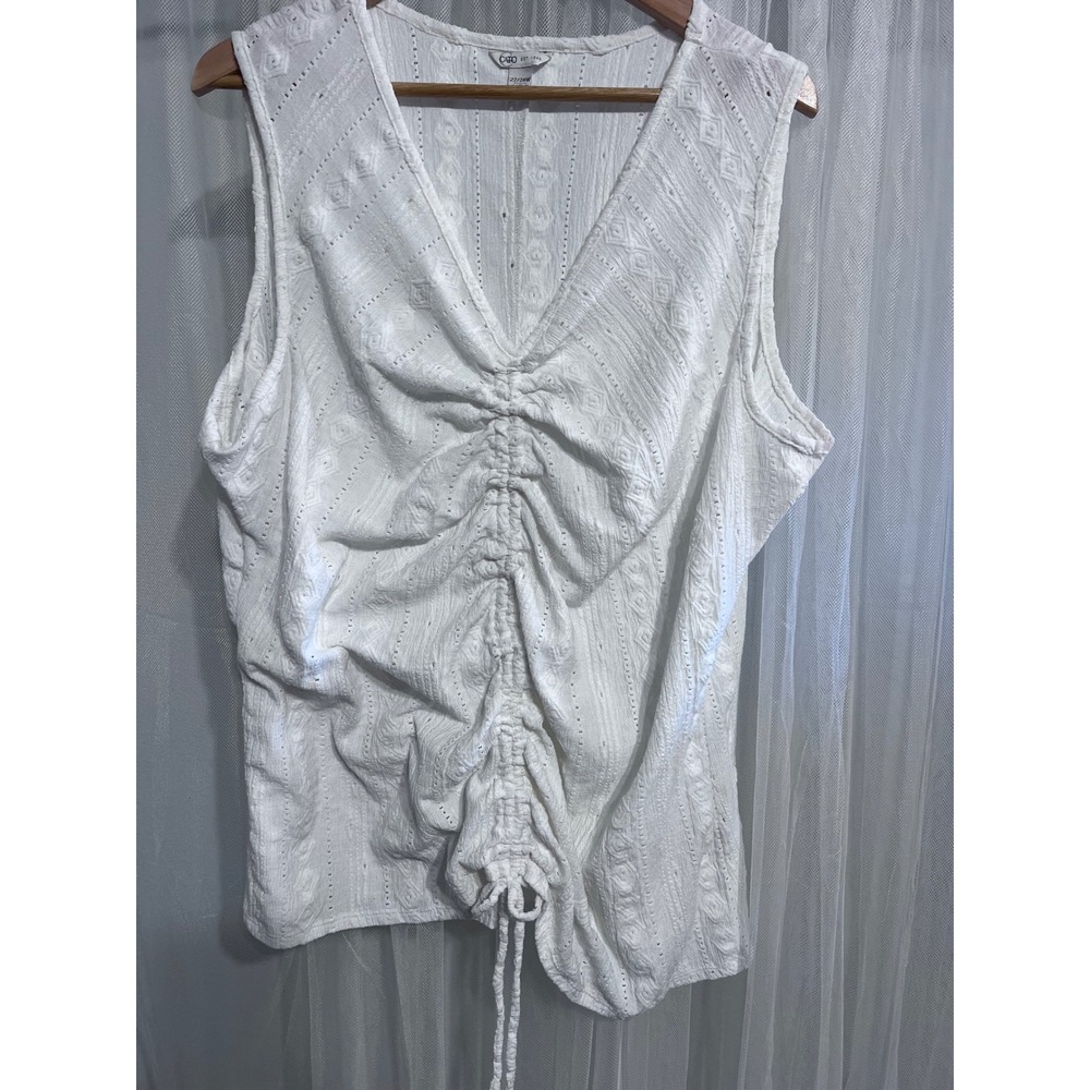 Cato Womens Plus 22/24W White Pointelle Ruched Front‎ V-Neck Sleeveless Tank Top